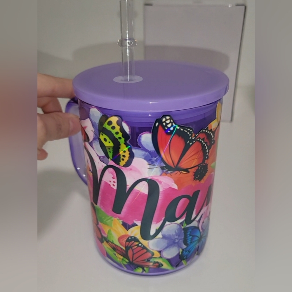 Jelly Glass Mug 17oz Beautiful Mama Butterflies with plastic straw NIB